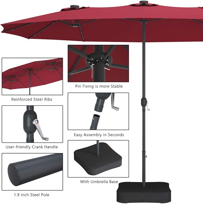 Tangkula 15 Ft Solar Patio Umbrella with Base, Extra Large Outdoor Double-Sided Twin Umbrella with 36 LED Lights & Crank Handle for Garden, Deck, Poolside, Patio (Burgundy)