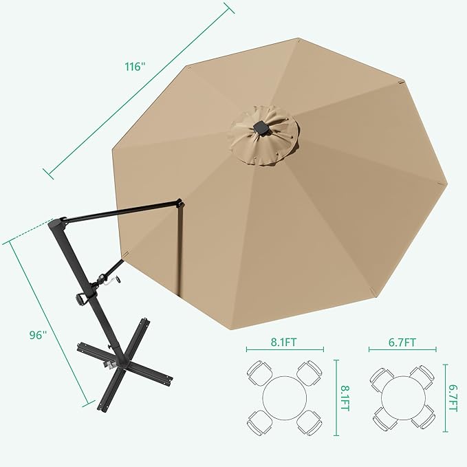 Greesum 10FT Outdoor Patio Umbrella with High Pedel and 4 Gear Heights, Large Offset Market Umbrella with 360-degree Rotation, Without Base, Hanging Outdoor Shade for Garden, Lawn, Pool, Brown
