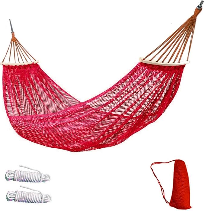 Portable Hammock Chair Swing, Super Soft Breathable Nylon Mesh Hammock Tent Camping Backyard Patio，Heavy Duty Hanging Swing for Indoor Outdoor (Red, with Wooden Support)