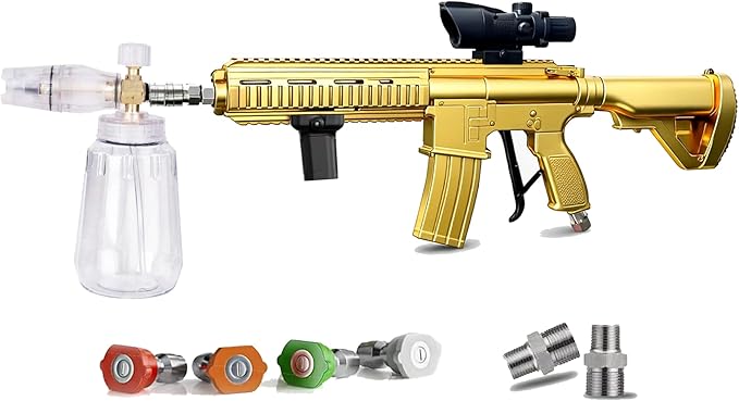 M416 Tactical Style 3600 PSI High Pressure Washer Gun with Foam Cannon & Swivel & 4 Nozzles - Airsoft Inspired Design for Car Cleaning & Outdoor Use (Gold)