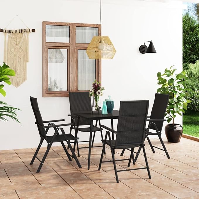 5-Piece Outdoor Dining Set with Black PE Rattan, Metal Frame, and Reclining Chairs for Patio