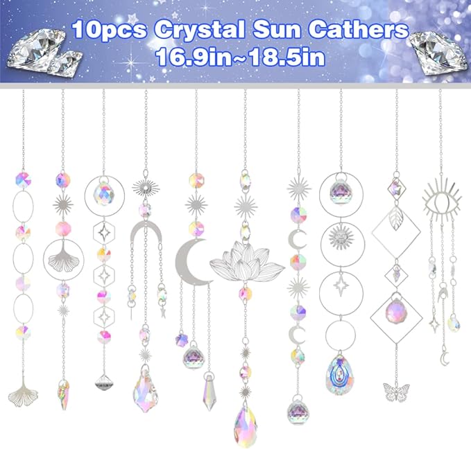 Sun Catchers, 10 Pcs Crystal Suncatcher Prism Hanging Kit for Indoor Window | Rainbow Maker Crystals Balls Pendants Ornaments for Home Outdoor Garden Backyard Patio Car Mirror Christmas Tree Decor