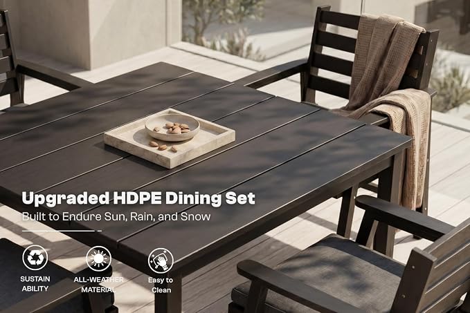 HDPE Outdoor Dining Set for 6, Modular Tables & 6 Armchairs | • Expandable 2-Table Combo • Dual 2" Umbrella Openings • 410 lbs High Weight Limit • All-Weather Polywood