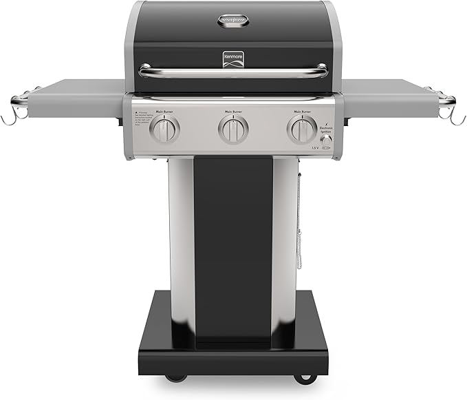 Kenmore 3-Burner Propane BBQ Grill, 30,000 BTUs Gas Grill with Cast Iron Cooking Grates, Folding Side Tables & Wheels, Outdoor Grill with Tool Hooks, Black