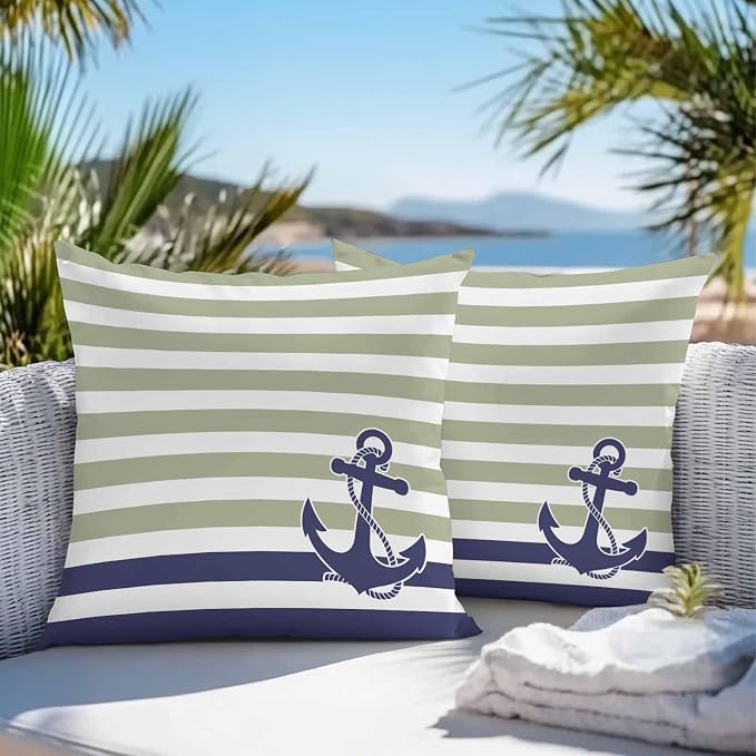 Throw Pillow Covers 16x16 Inch Set of 2, Striped Anchor Waterproof Outdoor Cushion Covers, Navy Blue Nautical Sage Green Geometric Decorative Pillowcases for Couch, Sofa, Bed, Garden, Patio