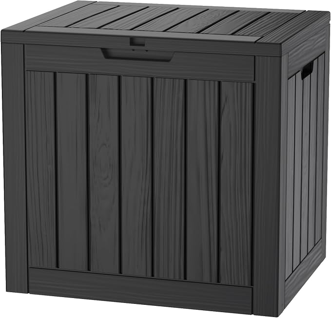 Outdoor Storage Box, 35 Gallon Waterproof Deck Box, Quick Snap-Lock Resin Cabinet for Seat Pillows, Patio Blankets, Lockable End Table Beverage Stand, Apartment Deck, Black