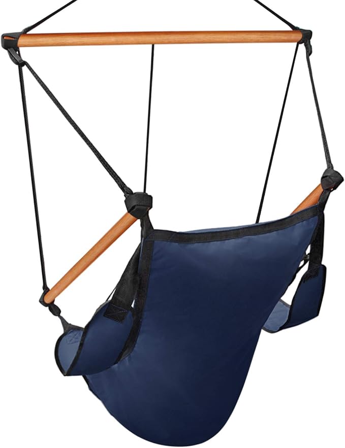 Flexzion Hanging Rope Hammock Chair (Blue) Air Deluxe Sky Swing Outdoor Seat Solid Wood 250lb with Pillow Arm Arrest Footrest and Drink Holder for Patio Furniture Camping Travel Porch Lounge