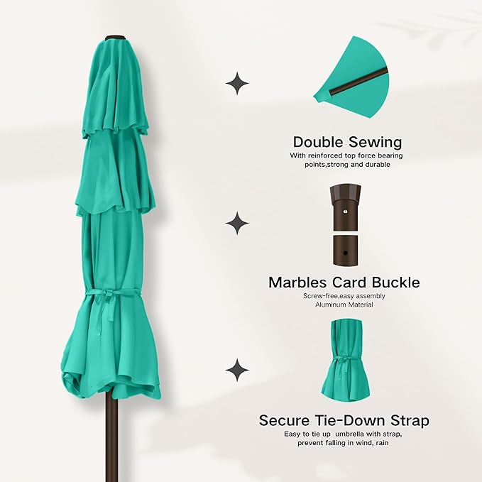 Kingdura 9ft 3-Tier Patio Umbrella with Solar Lights, Table Umbrella Outdoor Patio with Easy Crank & Tilt, 8 Sturdy Ribs, UV Protection, 32 LED Lights for Deck, Poolside, Market (Tiffany blue)