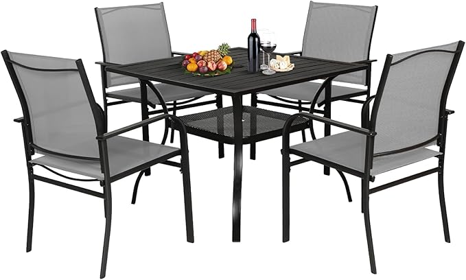 Incbruce 5 Pieces Patio Dining Set, Outdoor Dining Set of 4 Textilene Chairs and Square Table with Umbrella Hole for Backyard, Garden, and Poolside (Grey)