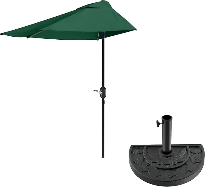 Half Umbrella Outdoor Patio Shade - 9 ft Patio Umbrella with Easy Crank and 20lb Weighted Base - Small Canopy for Balcony, Table, or Deck by Pure Garden (Dark Green)