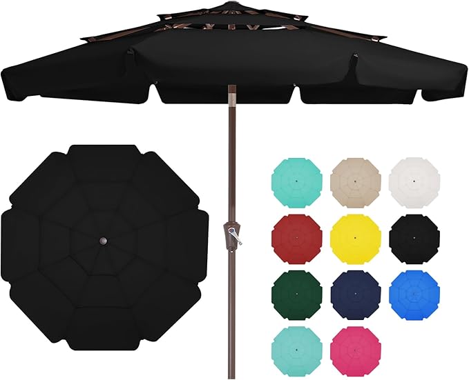 JEAREY 3 Tiers 9 FT Patio Umbrellas Outdoor Table Umbrella with Push Button Market Umbrella 8 Sturdy Ribs UV Protection Waterproof for Garden,Black