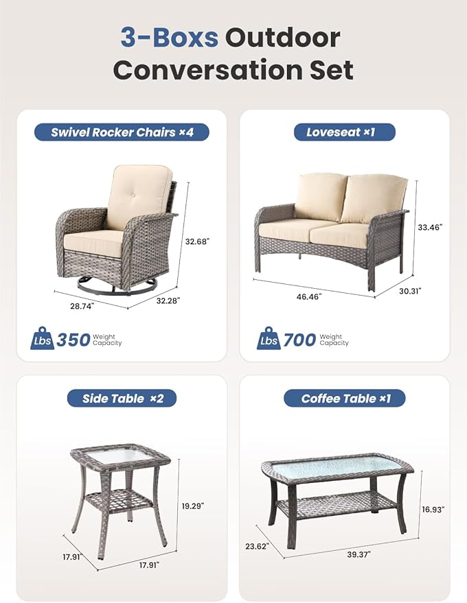 8-Piece Outdoor Patio Furniture Set with Swivel Chairs, Outdoor Conversation Wicker Sofa with Coffee Table, Rattan Couch for Deck Yard Poolside, Beige