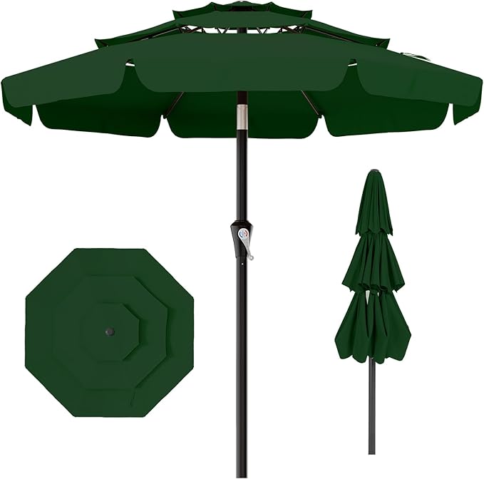 AreShark 9FT 3-Tiers Patio Umbrella with Valance, Outdoor Umbrellas with Crank/Tilt, Table Market Umbrella Vented w/ 8 Sturdy Ribs for Garden, Deck, Backyard, and Pool, Dark Green