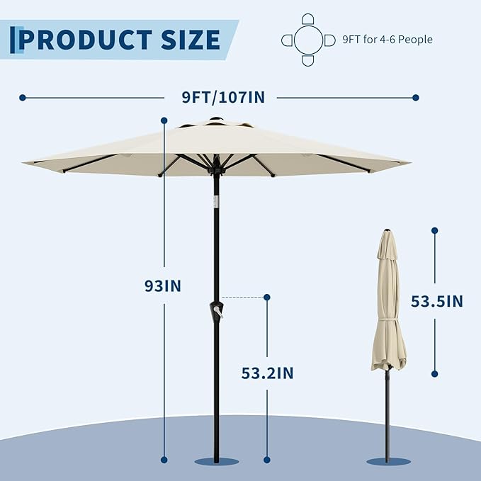 GarveeLife 9FT Umbrella Outdoor Patio, Table Umbrella with Push Button Tilt and Crank, 8 Sturdy Ribs Waterproof UV Protection for Garden, Pool, Deck, Backyard, Market (Beige White)