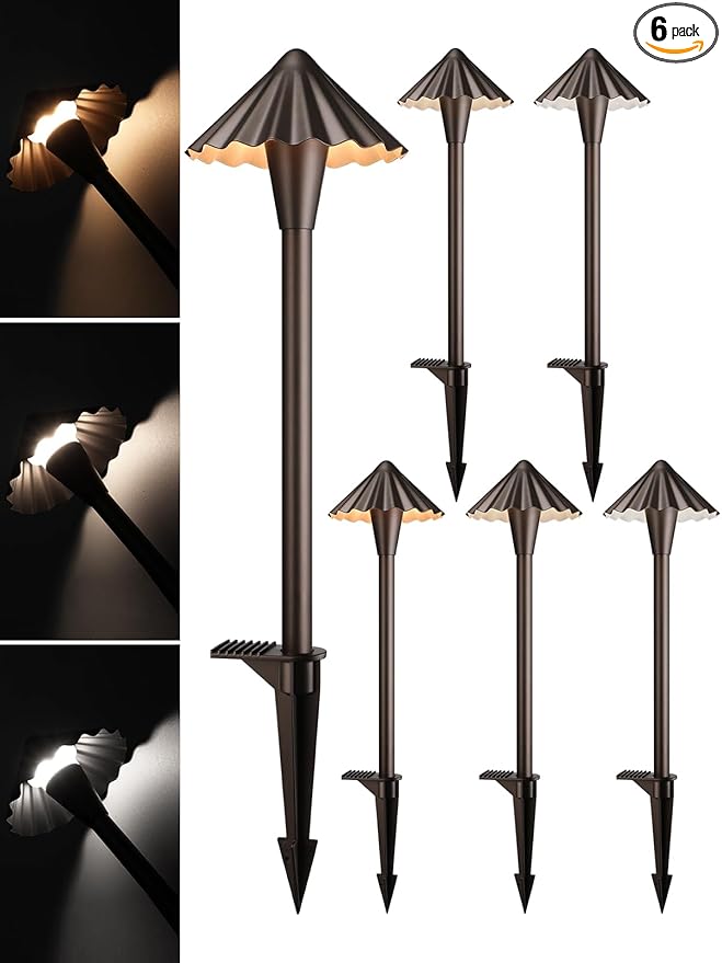 LEONLITE 3CCT Low Voltage Pathway Lights, LED Landscape Path Lights, 3000K/4000K/5000K, Ruffles Head, 12-24V AC/DC, IP65 Outdoor Walkway Light, Oil Rubbed Bronze Aluminum, Pack of 6