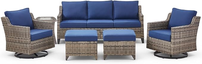 6 Piece Outdoor Patio Wicker Furniture Sets-High Back Outdoor Conversation Set Sectional Sofa with Wicker Swivel Rocker Patio Chairs,Thick Cushions Ottomans for Porch Balcony Patio Deck Grey/Blue