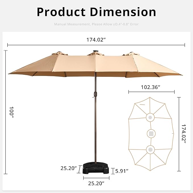 15ft Large Patio Umbrellas with Base & Solar Lights,Outdoor Rectangle Double-Sided Market Umbrella with Stand & 38 LED Lights,Outside Umbrellas for Poolside Deck Backyard (Beige/Tan)