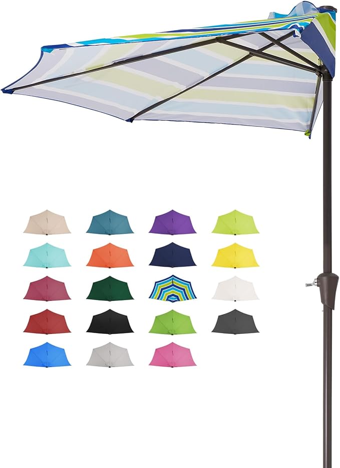 JEAREY 9ft Half Umbrella Outdoor Patio Umbrella Market Umbrellas with Crank, 1/2 Round Wall Umbrella 5 Sturdy Ribs UV Protection for Pool Garden Balcony Deck, Blue & Green Strip