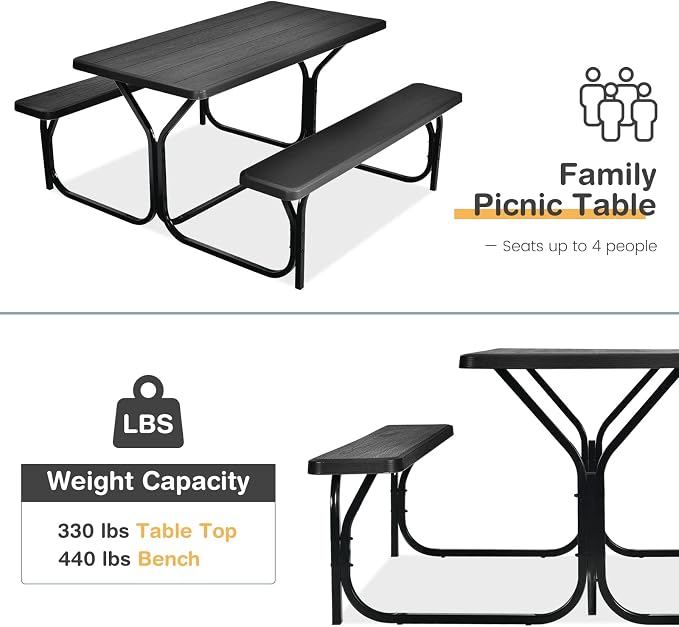 DORTALA Plastic Picnic Table for Outdoors, All Weather Faux Wood Patio Picnic Table Set with Benches for Outdoor, Cafeteria and Commercial, Black
