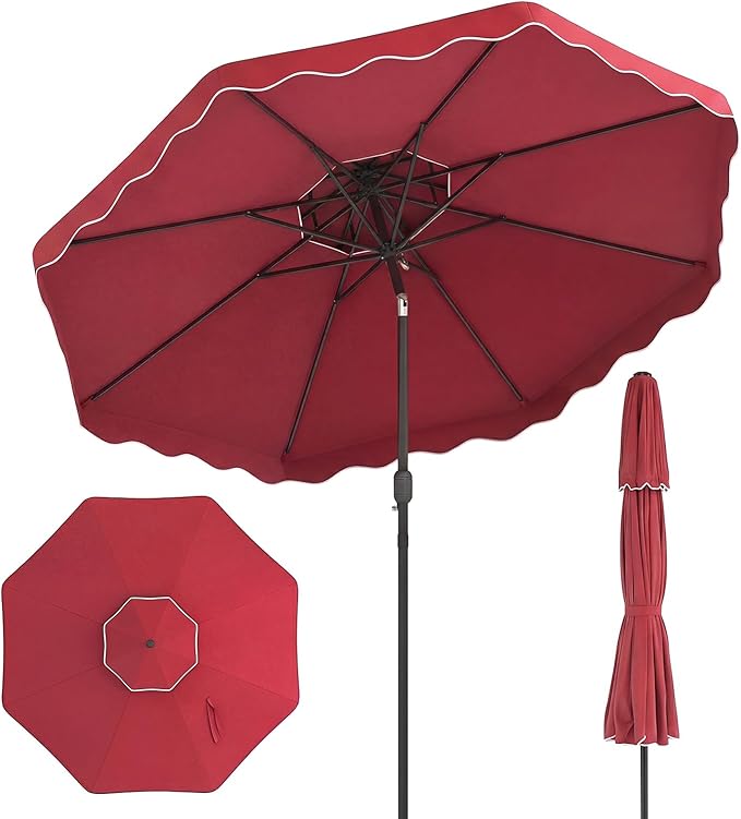 Happygrill 10 FT Patio Umbrella, Scalloped Outdoor Table Market Umbrella with Push Button Tilt & Crank, 2-Tier Vented Top, Heavy-Duty 8 Metal Ribs, Sun-Protective Canopy, Ruffle for Deck Pool Garden (Red)