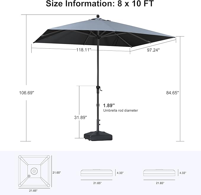 PURPLE LEAF 10' x 8' Rectangle Patio Market Umbrella with Base Outdoor Table Umbrellas Aluminum Frame Sun Shade with 8 Sturdy Ribs for Garden Deck Lawn Pool Light Gray