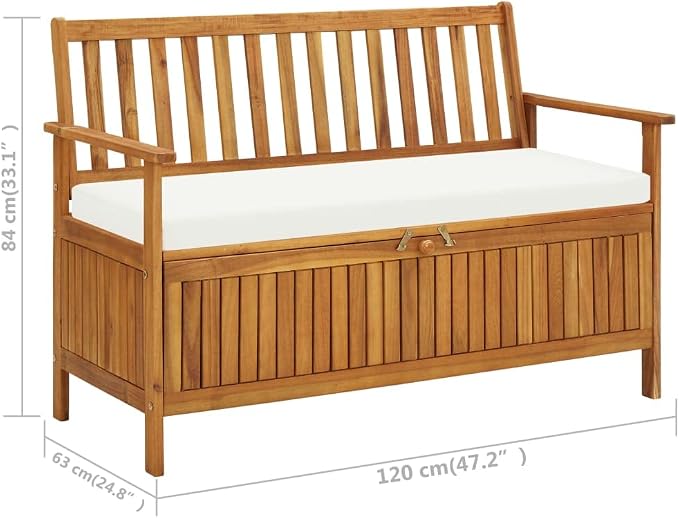 Patio Storage Bench with Cream White Cushion, Outdoor Wooden Deck Box, Solid Wood Patio Furniture for Outdoor Cushions, Pool Storage and Garden Tools, 47.2"x24.8"x33.1", -328
