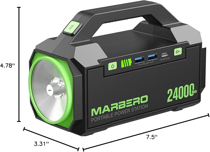 MARBERO Portable Charger Power Bank 24,000mAh Portable Power Station 88.8Wh Solar Generator 60W Power Bank with USB QC3.0/PD3.0 Output for Camping Emergency Travel Fishing Outdoor Exploration