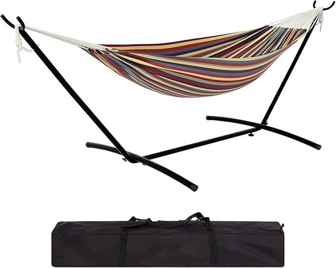 in ＆ Outdoor Double Hammock with Stand Can Bear 450lb Capacity, 2 Person Portable Foldable Hammock, Heavy-Duty Hammock,for Garden/Backyard/Patio,Yellow Rainbow Stripes