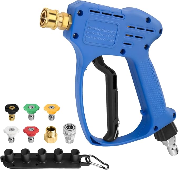 Stubby Swivel Pressure Washer Gun - 5000 PSI / 10 GPM with 3/8" Male Plug and 1/4” Quick Connector and M22-14mm M22-15mm Connector Comprise 5 Nozzle Tips - Compatible with Foam Cannon