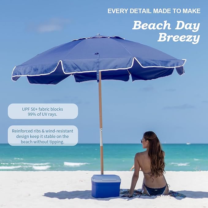 AMMSUN 7.5ft Heavy Duty HIGH Wind Beach Umbrella Commercial Grade Patio Beach Umbrella with Air Vent Ash Wood Pole & Carry Bag UV 50+ Protection Navy Blue