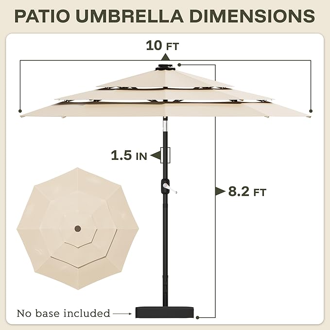 GDPFN 10FT Patio Table Umbrella Outdoor, 3 Tier Tilting Vented Windproof Market Umbrella for Outside, Outdoor Sun Shade for Inside of Pool, Deck, Backyard, Garden, Beige (No Base)