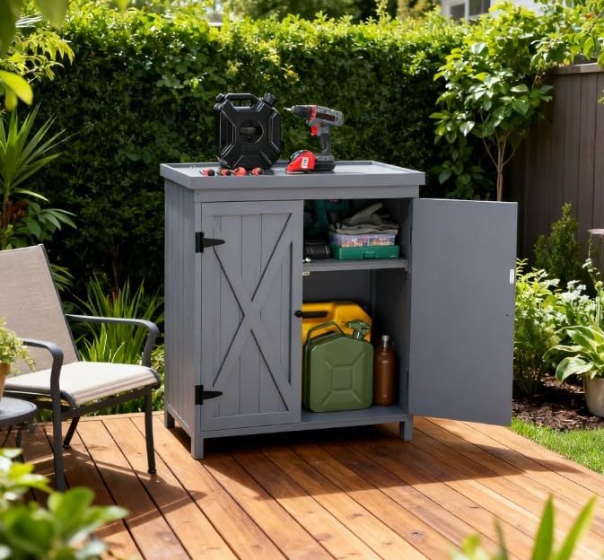 Wood Outdoor Storage Box and Deck Box with Galvanized Metal Top, Farmhouse Style Patio Cabinet with Shelves for Yard Tools & Cushions, Weather-Resistant Finish, 31.5 x 17.8 x 36.3 Inches, Grey