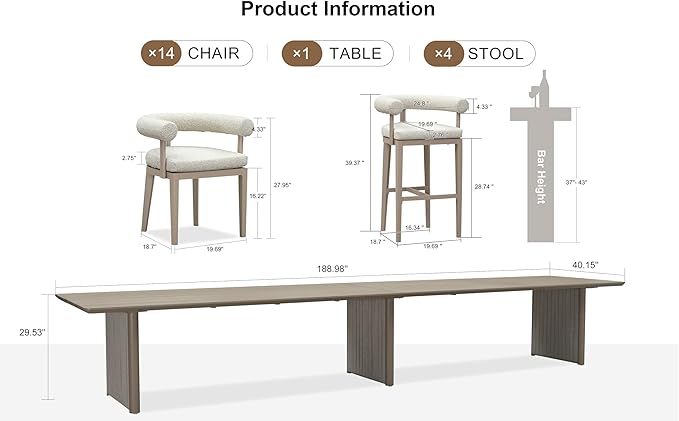 PURPLE LEAF Patio Dining Set 15 Pieces Luxury Modern Conversation Set with Bar Height Stools Aluminum Large Rectangle Dining Table and Chairs with Olefin Cushion Outdoor Furniture Set for Garden Deck