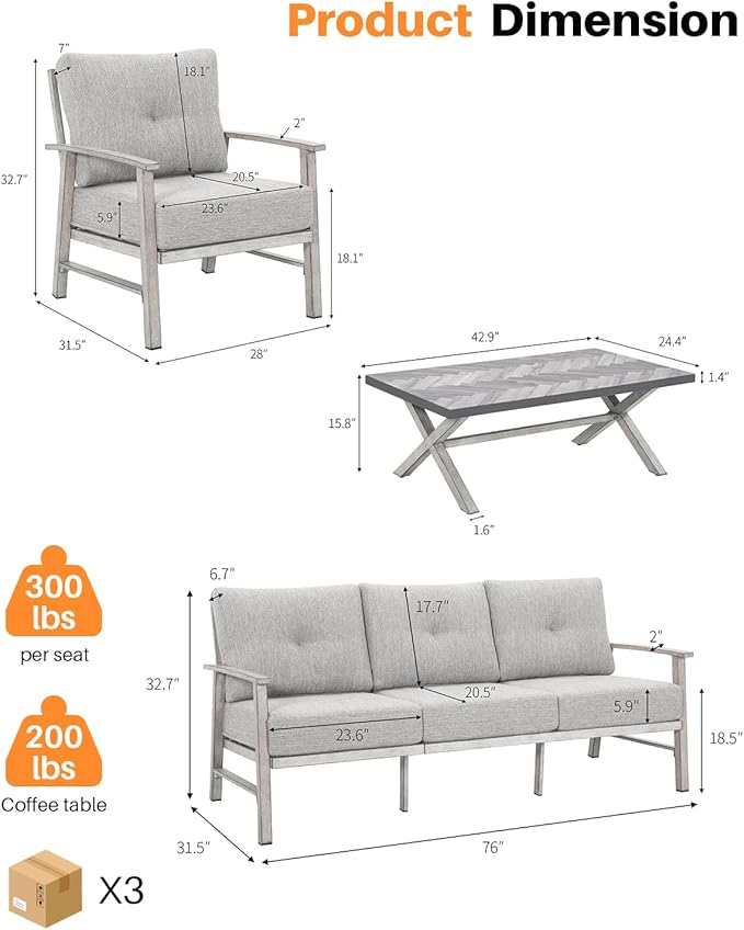 Aluminum Patio Sofa Set, 4 Piece Outdoor Patio Furniture Set with Thick Cushions, All Weather Outdoor Sectional Sofa Couch Sets for Deck, Lawn, Poolside, Backyard, White Oak