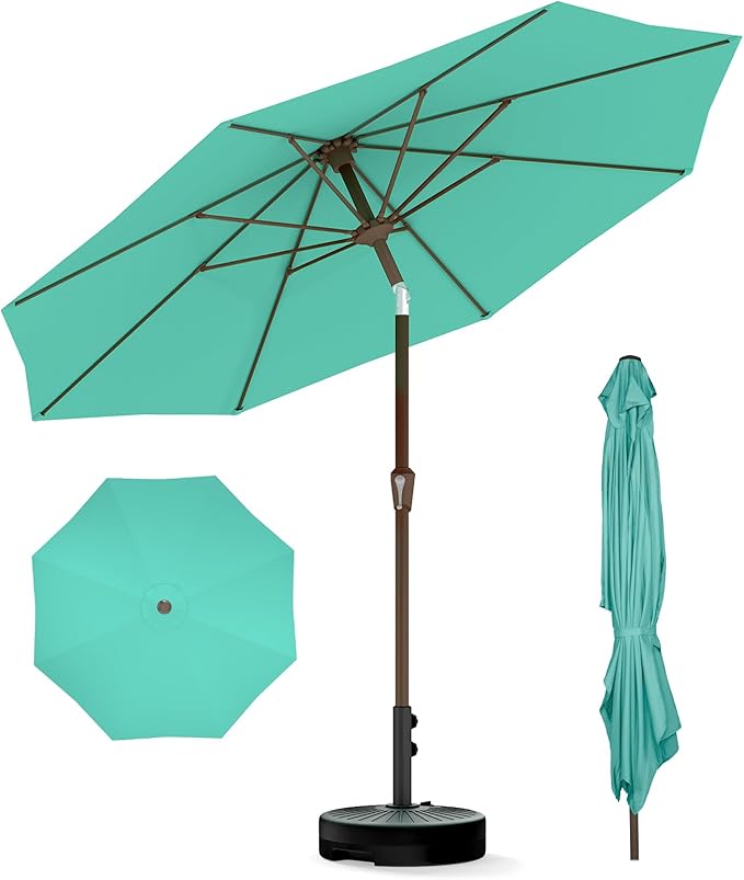 BRIOPAWS 9FT Patio Umbrella with Base Included | Outdoor Table Umbrellas | Push Button Tilt & Crank | 8 Sturdy Fiberglass Ribs | Waterproof | Heavy Duty for Garden Lawn DeckBackyard & Pool