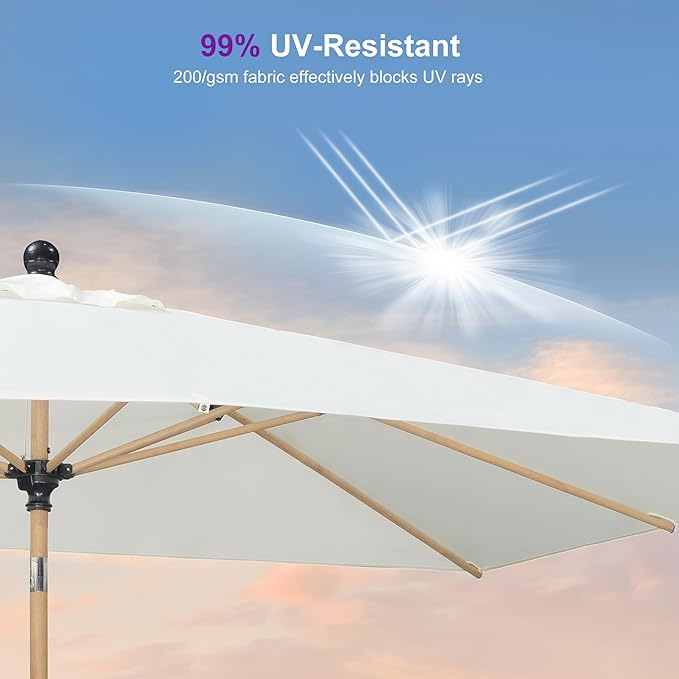 PURPLE LEAF 6' x 9' Patio Umbrella with Base Market Umbrella Rectangular Outdoor Umbrella with Push Button Tilt & Crank and 8 Ribs Aluminum Table Umbrella for Pool Backyard Beach, Cream