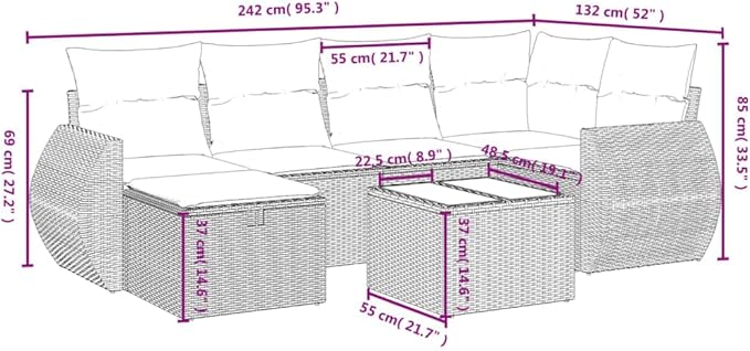 vidaXL Patio Sofa Set with Cushions 7 Piece, Outdoor Conversation Set, Sectional Sofa for Balcony Garden, Modern Style, Gray Poly Rattan