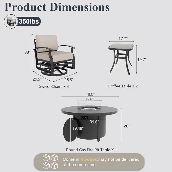ALAULM Aluminum Patio Furniture Set with Coffee Table Rectangular, 5-seat Outdoor Sectional Furniture w/2 Swivel Chairs, Patio Conversation Set for Porch, Backyard, Poolside-Grey