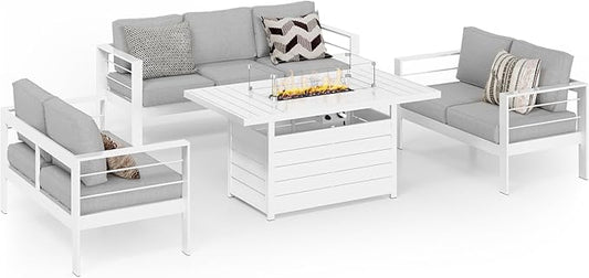 Wisteria Lane Aluminum Outdoor Patio Furniture Sets with Fire Pit Table, 4 Piece Metal Patio Conversation Sets Modern Outdoor Sofa Couch with Cushion, White