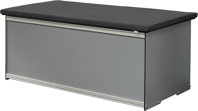 Foreman Waterproof Deck Box - made from Compact Laminate and Anodized Aluminum. Includes a Dark Grey Outdoor Seat Cushion and a Graphite colored All Weather Nylon cover, (Grey)