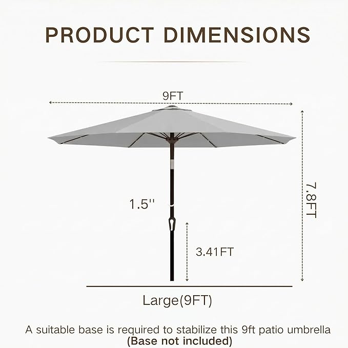 Kingdura 9FT Outdoor Patio Umbrella with Solar Lights, Market Table Umbrella with Push Button Tilt & Crank, 8 Sturdy Ribs, 32 LED Lights, UV Protection for Garden Lawn Deck Backyard Pool (Light grey)