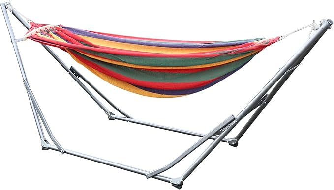 Double Hammock with Stand for Outside Indoor Hammock with Space Saving Metal Stand and Carrying Bag, Easy Assembly, 440lbs, Dual-bar Design Red