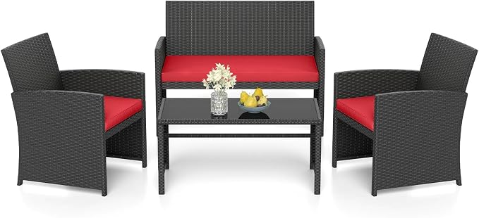 RELAX4LIFE 4-Piece Patio Furniture Set - Wicker Rattan Outdoor Sectional Sofa Set w/Glass Coffee Table, Loveseat, 2 Chairs & Soft Cushions, Bistro Conversation for Garden Porch (1, Black-Red)