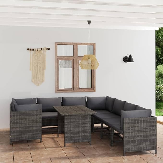 9-Piece Grey PE Rattan Patio Conversation Set, 23.6x23.6x25.6 in Modular Outdoor Sectional Sofa w/Dining Table for Balcony, Porch, Garden
