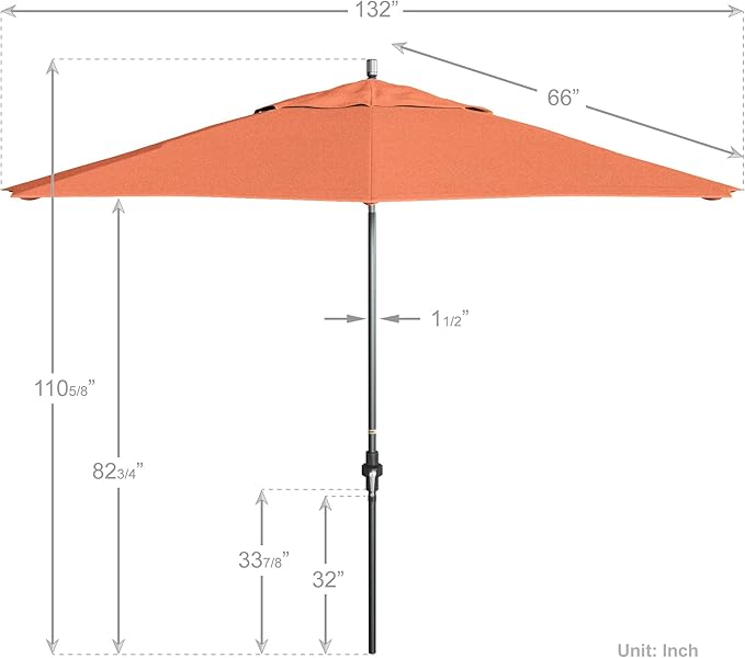 California Umbrella 11Ft Premium Sunbrella Patio Umbrella, Hand-Crank, Tilt-Collar, Gray Frame, Melon Fabric
