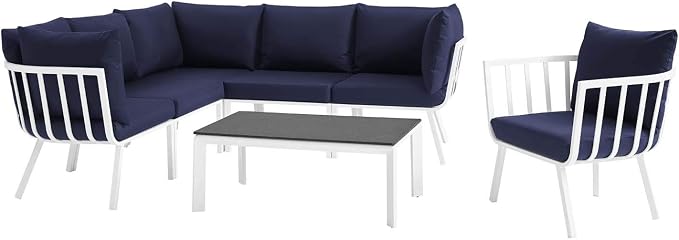 Casafoyer Riverside 7 Piece Outdoor Patio Aluminum Set, 85.5 x 114 x 28, White Navy