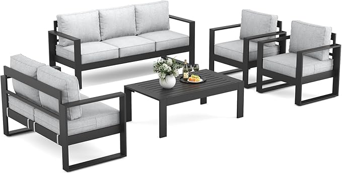 Outdoor Aluminum Furniture Set - 5 Pieces Modern Patio Conversation Sets Metal Sectional Sofa with Coffee Table
