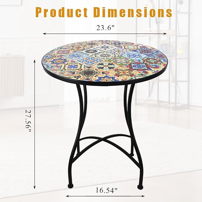 23.6" Outdoor Patio Mosaic Round Table Garden Bistro Accent Table | Ceramic Tile Waterptoof Side End Table Metal Frame Dining Table Furniture for Balcony Backyard Porch Poolside Terrace