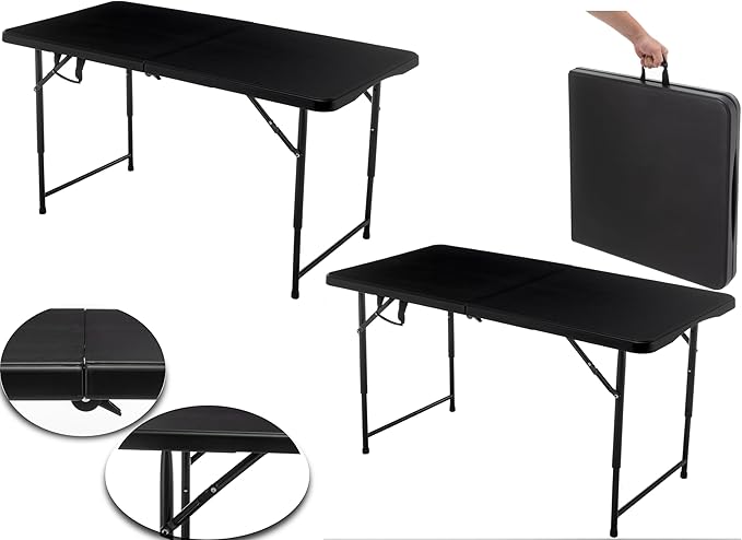 BTEXPERT 4 Foot Fold-in-Half Folding Utility Table, Height Adjustable Portable Plastic Table w/Carry Handles, Lightweight Commercial Grade Indoor Outdoor for Picnic, Camping, Office Home Party Black