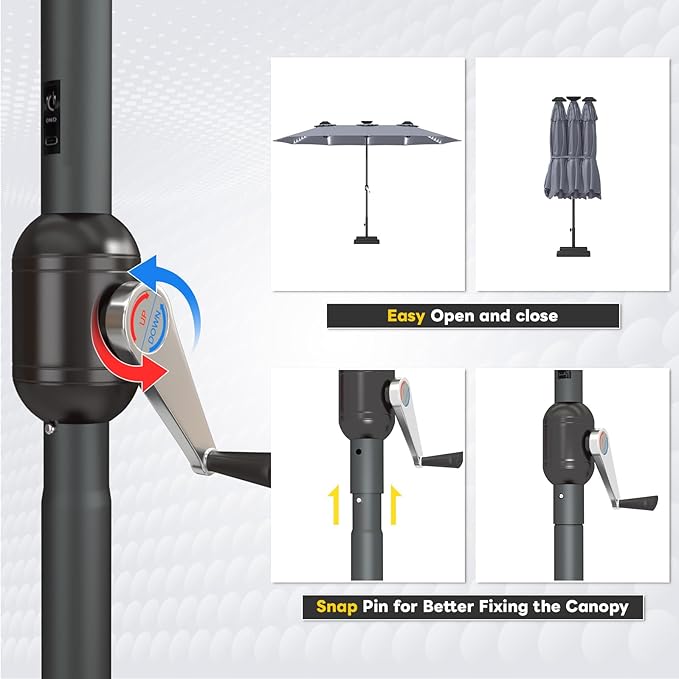 AECOJOY 15ft Patio Umbrella with Solar Lights, Outdoor Large Patio Umbrella with Crank Handle and 156 PCS LED Lights, Rectangular Market Umbrella for Backyard Deck Pool in Grey(1.9" Pole)
